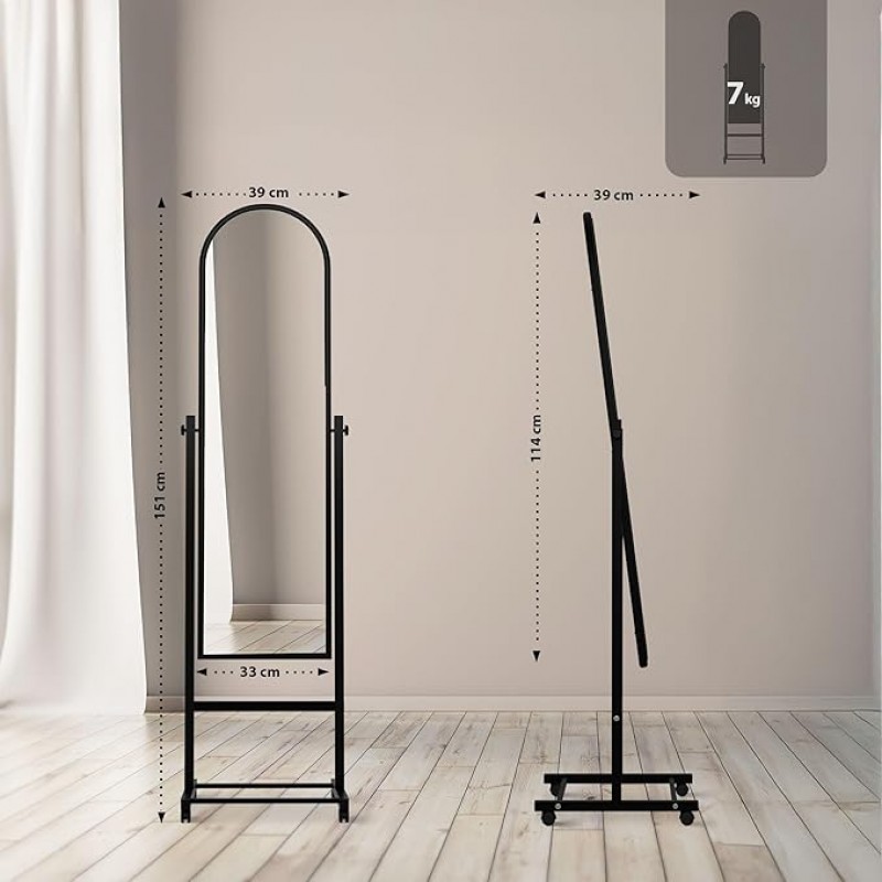 Standspiegel mit Rollen Spiegel Ganzkörperspiegel Empfangsspiegel 151 x 39 Metallrahmen neigbar 360 – 3
