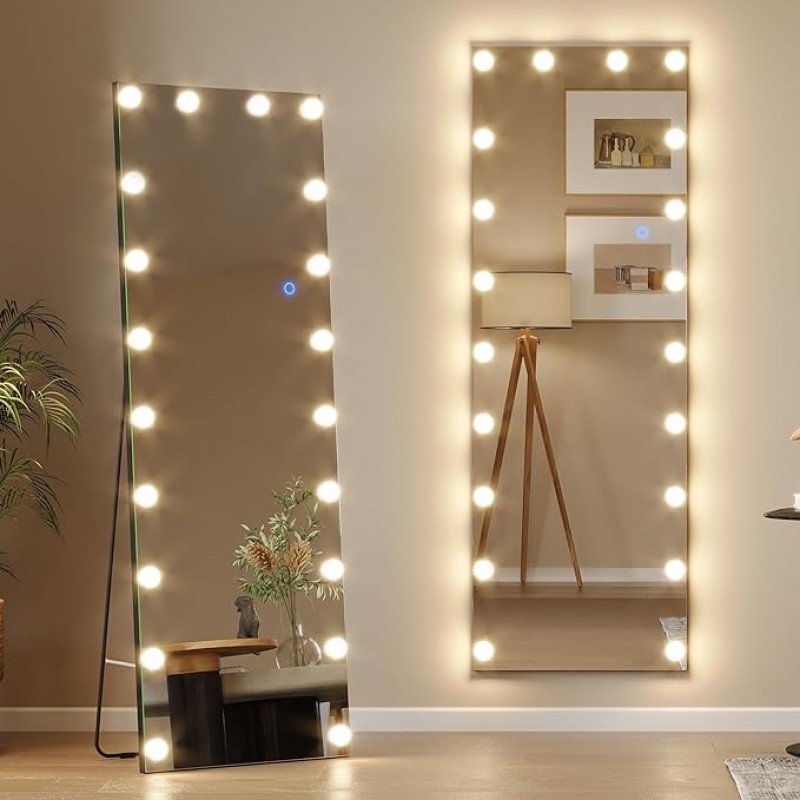 Wandspiegel beleuchtet Ganzkörperspiegel mit LED 155 x 50 cm Standspiegel mit Beleuchtung