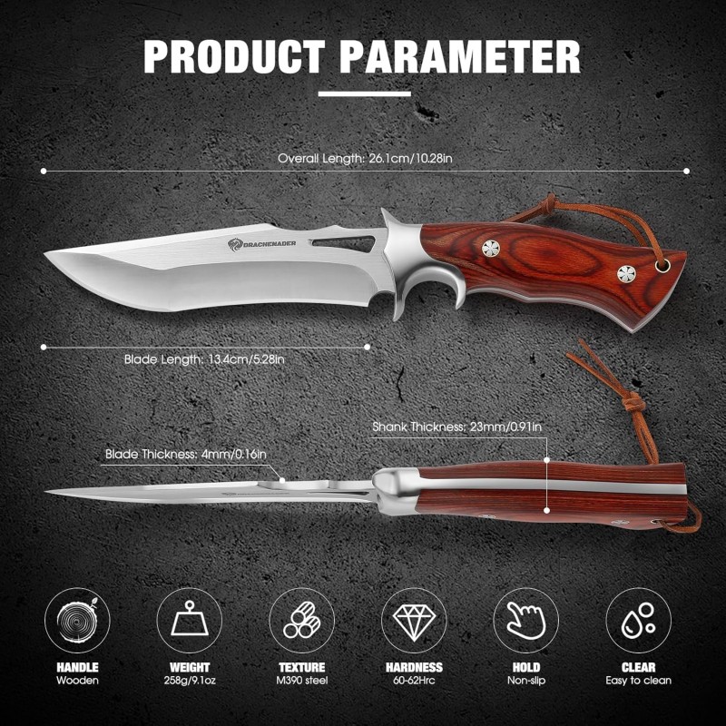Jagdmesser feststehende Klinge 13 cm Klingenlänge Outdoormesser M390 Stahl Gürtelmesser Lederscheide – Thumbnail 6