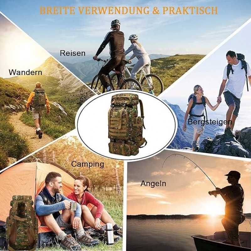 Kampfrucksack 80L Tarnrucksack Angelrucksack Bergsteigerrucksack Militärrucksack Camouflage Rucksack – Thumbnail 6