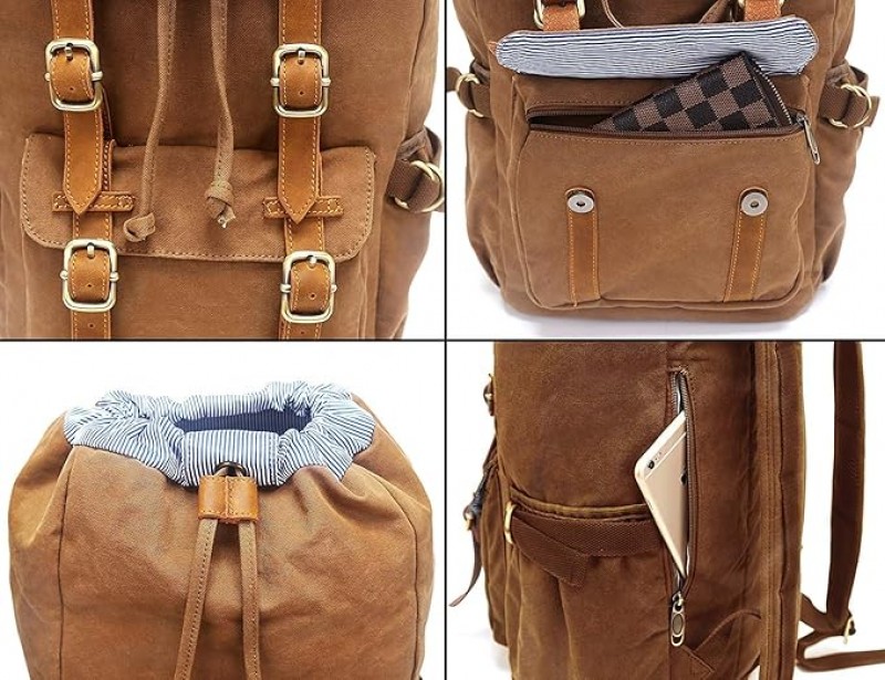 Tagesrucksack Wanderrucksack Outdoor-Rucksack für Reisen/Wandern aus Canvas-Leder für 15 Zoll/38 cm  – 4