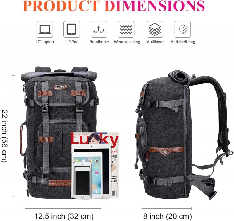 Reisetasche Rucksack Jagdrucksack Campingrucksack Laptop Reiserucksack Convertible 17 Zoll schwarz – Thumbnail 6