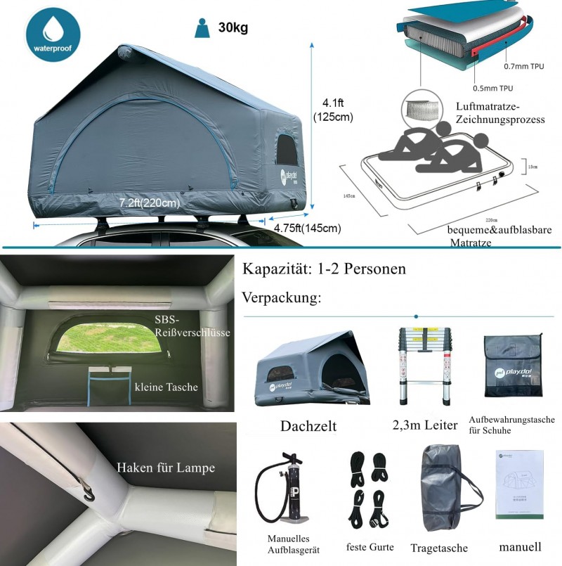 Dachzelt aufblasbar Auto 2 Personen Autodachzelt Campingzelt einfacher Aufbau Outdoor Glamping – 5