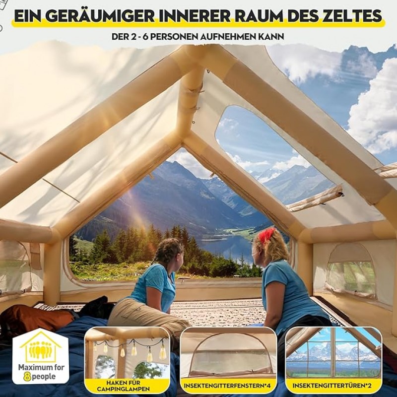 Aufblasbares Campingzelt Zelt 400 x 300 x 210 cm mit großem PVC-Dachfenster 4–10 Personen Outdoor – 5