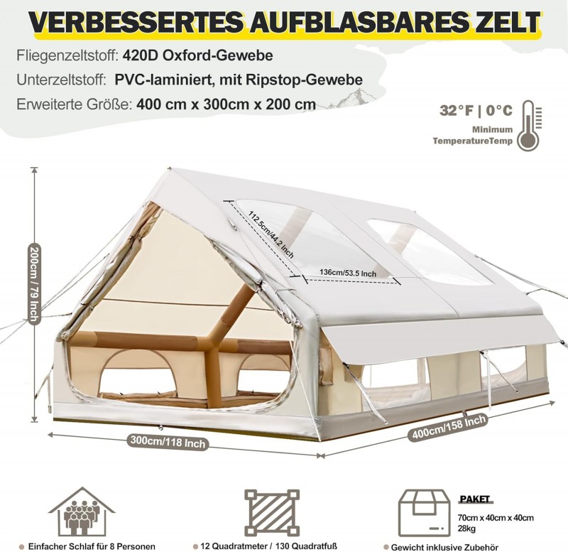 Aufblasbares Campingzelt Zelt 400 x 300 x 210 cm mit großem PVC-Dachfenster 4–10 Personen Outdoor – Thumbnail 6