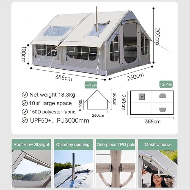 Zelt aufblasbar Glampingzelt aufblasbares Zelt 385 x 260 x 200 cm Campingzelt Ofenloch &amp; Luftpumpe – 5