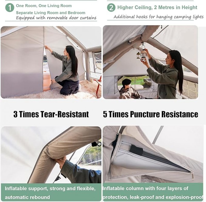 Zelt aufblasbar Glampingzelt aufblasbares Zelt 385 x 260 x 200 cm Campingzelt Ofenloch &amp; Luftpumpe – Thumbnail 6