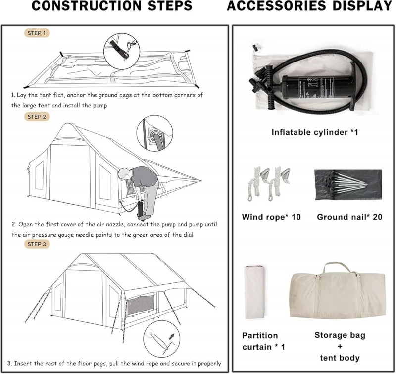 Zelt aufblasbar Glampingzelt aufblasbares Zelt 385 x 260 x 200 cm Campingzelt Ofenloch &amp; Luftpumpe – Thumbnail 9