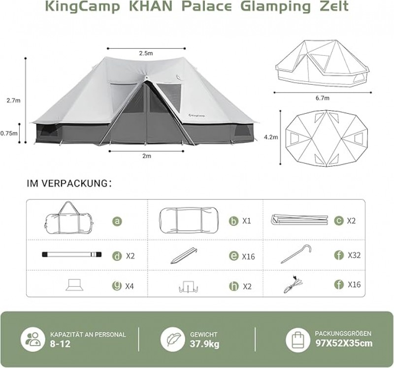 Glockenzelt Campingzelt Glampingzelt Festivalzelt 970 x 520 x 350 für 6-12 Personen reine Baumwolle  – 2