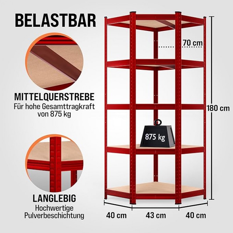 Ecklagerregal Schwerlastregal 180 x 70 x 40 cm 875 kg 5er MDF Regal Rot – 3