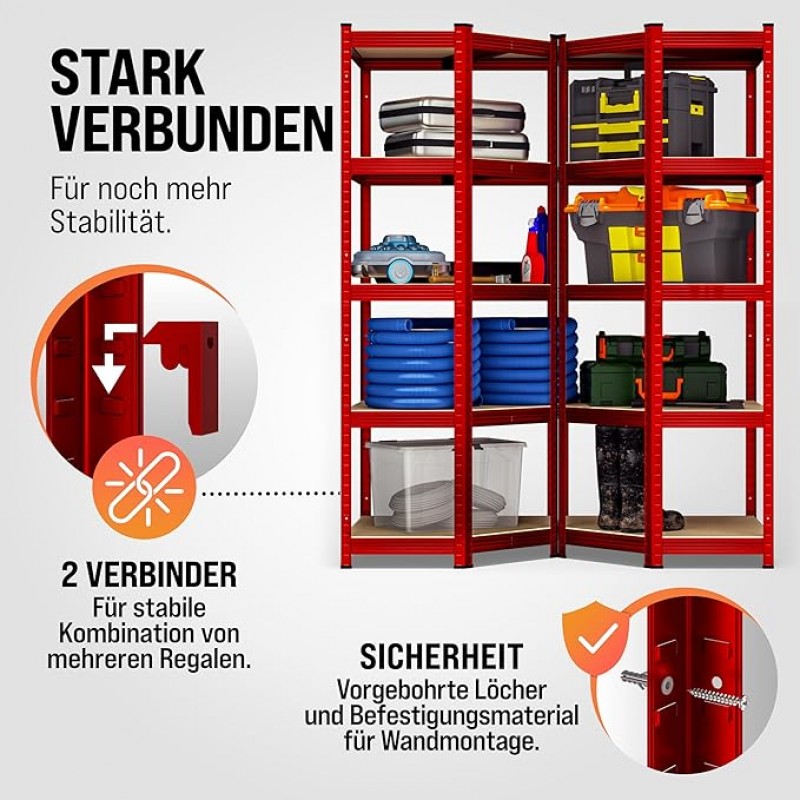 Ecklagerregal Schwerlastregal 180 x 70 x 40 cm 875 kg 5er MDF Regal Rot – 5