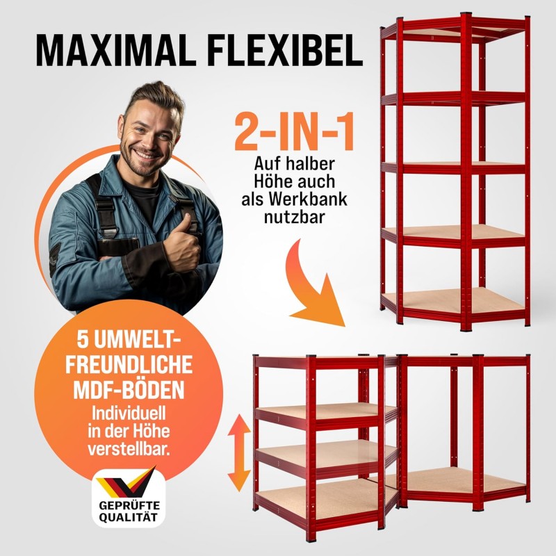 Ecklagerregal Schwerlastregal 180 x 70 x 40 cm 875 kg 5er MDF Regal Rot – Thumbnail 6