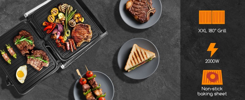 Panini-Grill Sandwichmaker Kontaktgrill 2000 Watt Edelstahl Antihaftbeschichtung Öffnung 180 Grad – Thumbnail 9