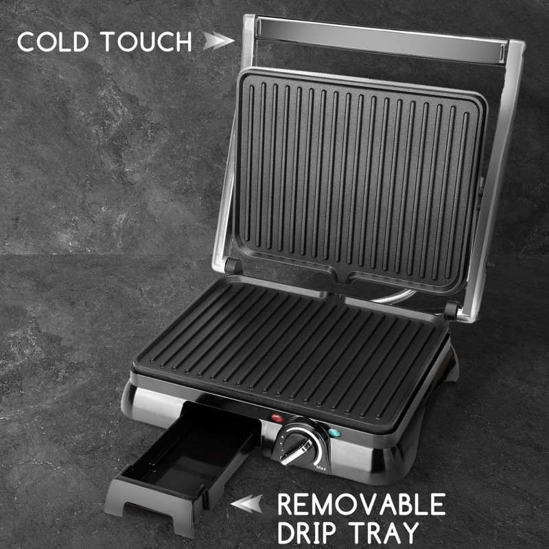 Panini-Grill Sandwichmaker Kontaktgrill 2000 Watt Edelstahl Antihaftbeschichtung Öffnung 180 Grad – Thumbnail 7