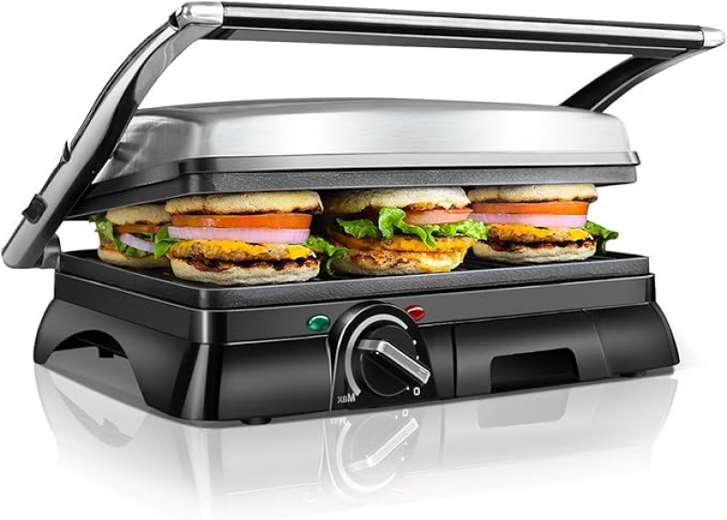 Panini-Grill Sandwichmaker Kontaktgrill 2000 Watt Edelstahl Antihaftbeschichtung Öffnung 180 Grad