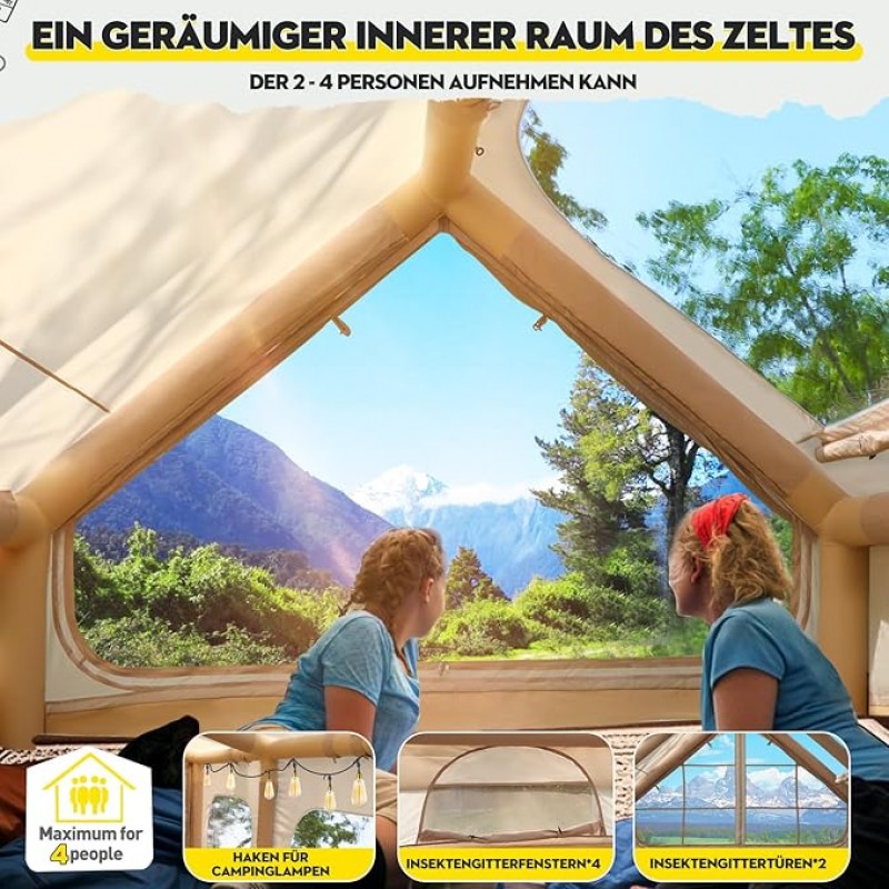 Aufblasbares Campingzelt Unterstand für 2–4 Personen 4-Jahreszeiten-Zelt 300 x 210 x 200 cm – Thumbnail 7
