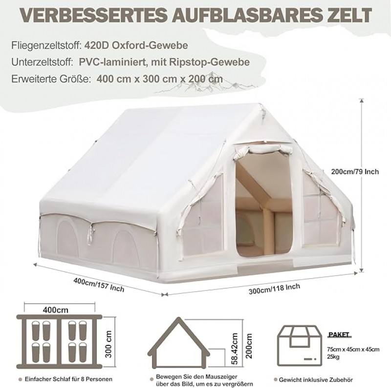 Glampingzelt aufblasbar 400 x 300 x 210 cm aufblasbares Campingzelt für 4–8 Personen großes Outdoor – Thumbnail 6