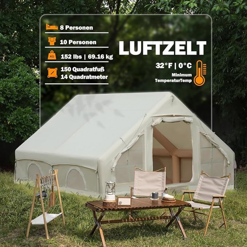 Glampingzelt aufblasbar 400 x 300 x 210 cm aufblasbares Campingzelt für 4–8 Personen großes Zelt – 3