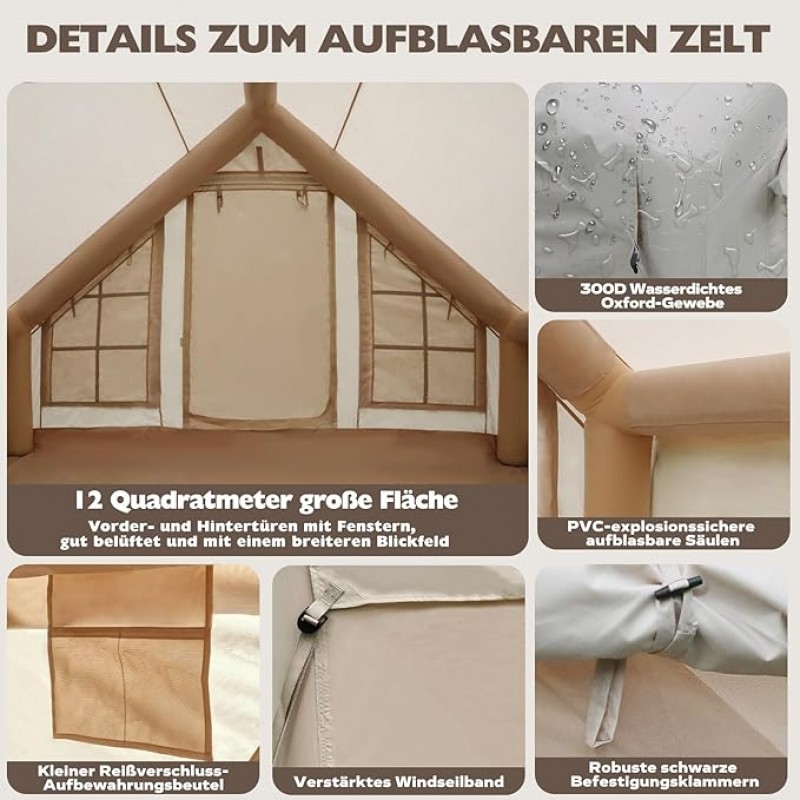 Glampingzelt aufblasbar 400 x 300 x 210 cm aufblasbares Campingzelt für 4–8 Personen großes Zelt – 4