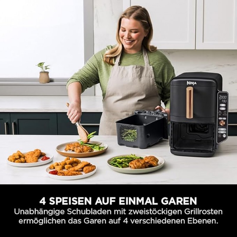 Heißluftfritteuse XL Double Stack 2 vertikale Schubladen 4 Kochstufen 2 Schlitze platzsparend 9,5 L