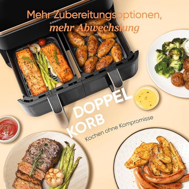 Heißluftfritteuse gold 2 Fächer 6-in-1 Dual Zone XXL 8,5 L zwei Kammern mit Sichtfenster – Thumbnail 6