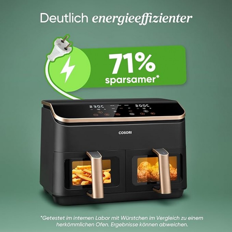 Heißluftfritteuse gold 2 Fächer 6-in-1 Dual Zone XXL 8,5 L zwei Kammern mit Sichtfenster – Thumbnail 7