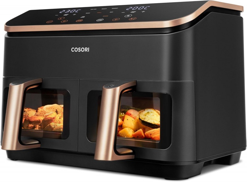 Heißluftfritteuse gold 2 Fächer 6-in-1 Dual Zone XXL 8,5 L zwei Kammern mit Sichtfenster
