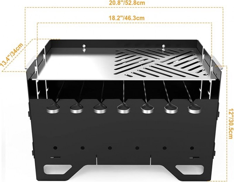 Schaschlinkgrill mobiler Mangal Holzkohlegrill BBQ mit Plancha-Grillplatte und 7 Spießen 2-in-1 – 2