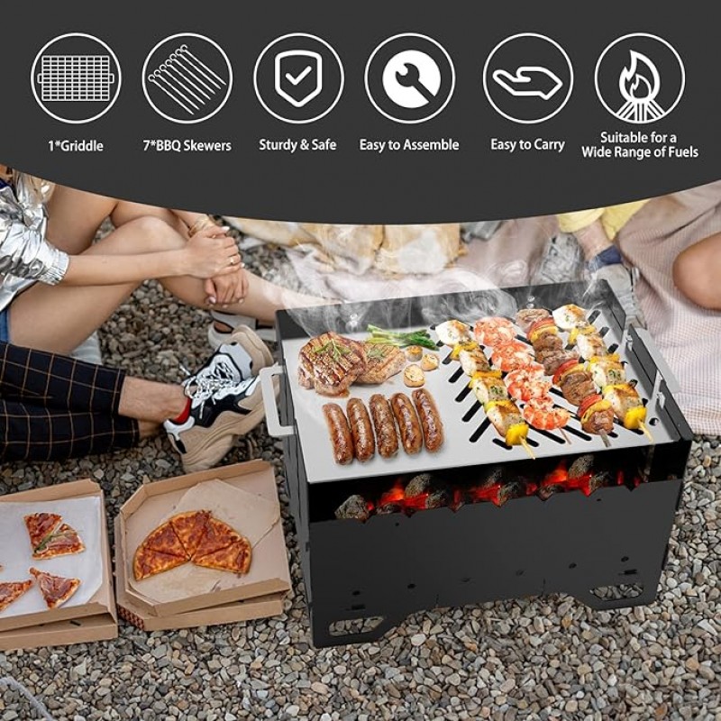 Schaschlinkgrill mobiler Mangal Holzkohlegrill BBQ mit Plancha-Grillplatte und 7 Spießen 2-in-1 – 3