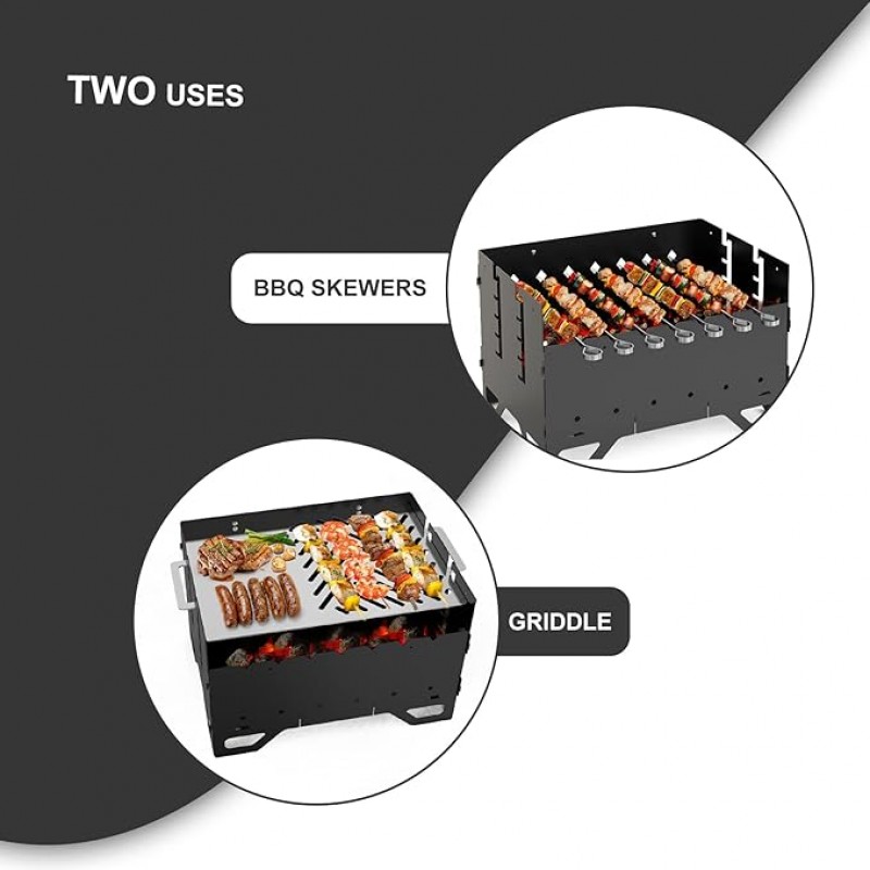 Schaschlinkgrill mobiler Mangal Holzkohlegrill BBQ mit Plancha-Grillplatte und 7 Spießen 2-in-1 – 4