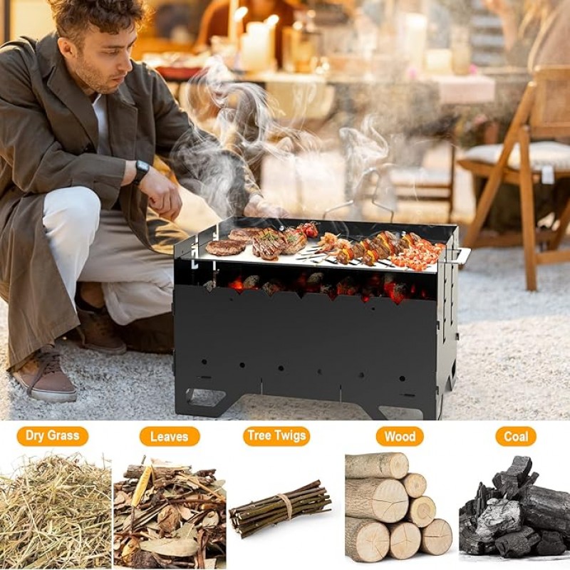 Schaschlinkgrill mobiler Mangal Holzkohlegrill BBQ mit Plancha-Grillplatte und 7 Spießen 2-in-1 – 5