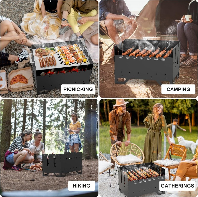 Schaschlinkgrill mobiler Mangal Holzkohlegrill BBQ mit Plancha-Grillplatte und 7 Spießen 2-in-1 – Thumbnail 6