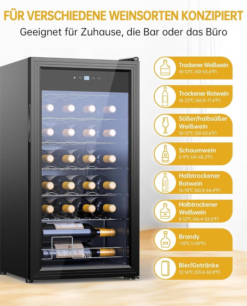 Weinkühlschrank Weinflaschenkühlschrank Weinschrank Kühlschrank Glastüre 28 Flaschen 82 L freistehen