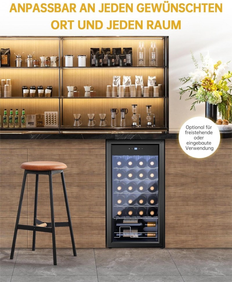 Weinkühlschrank Weinflaschenkühlschrank Weinschrank Kühlschrank Glastüre 28 Flaschen 82 L freistehen – Thumbnail 7