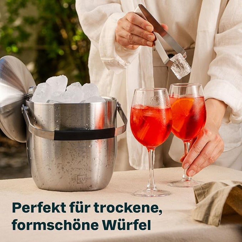 Eiswürfelbehälter Eiskübel mit Deckel und Zange Edelstahl doppelwandig isoliert extra Kühlung