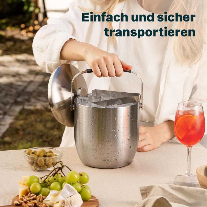Eiswürfelbehälter Eiskübel mit Deckel und Zange Edelstahl doppelwandig isoliert extra Kühlung – Thumbnail 6