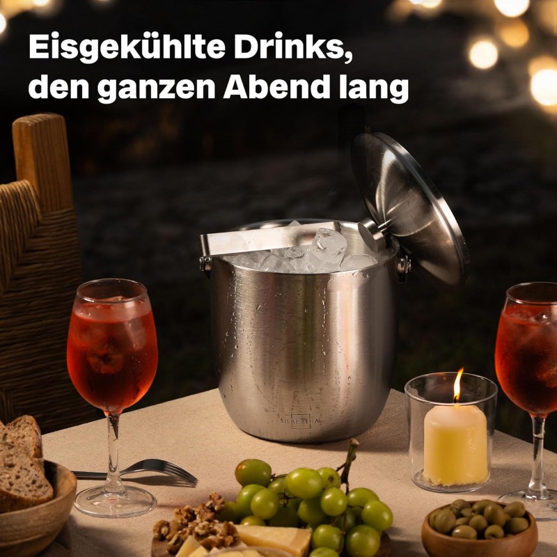 Eiswürfelbehälter Eiskübel mit Deckel und Zange Edelstahl doppelwandig isoliert extra Kühlung – Thumbnail 7