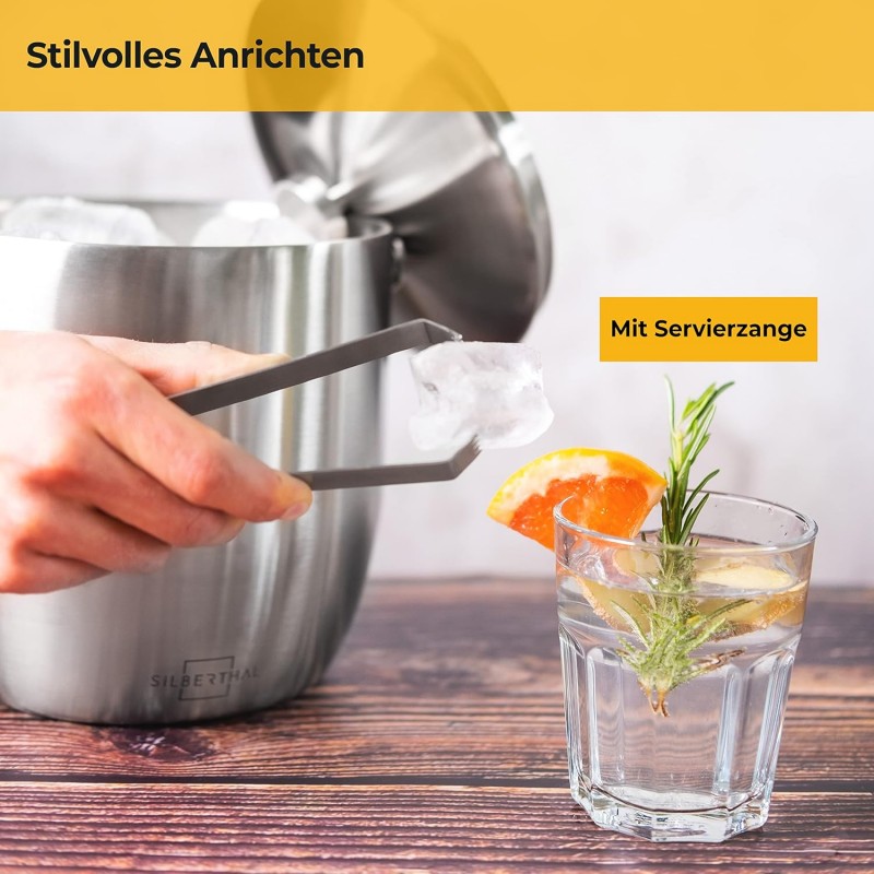 Eiswürfelbehälter Eiskübel mit Deckel und Zange Edelstahl doppelwandig isoliert extra Kühlung – Thumbnail 9
