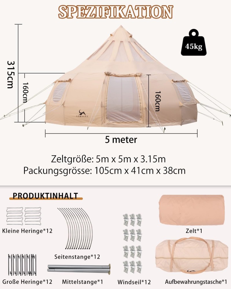 Tipizelt Jurtenzelt Familienzelt Zwiebelzelt Canvas-Zelt 8-Personen 5 x 3,15 m Segeltuch Pyramidenze – Thumbnail 6