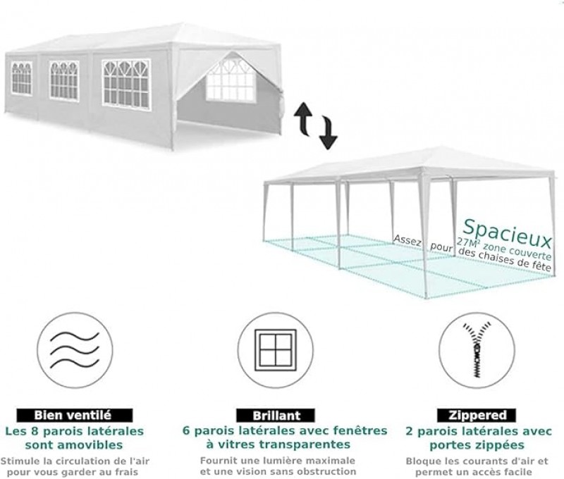 Hochzeitszelt Gartenpavillon faltbares Partyzelt Pavillon 3 x 9 m 27 qm wasserdicht mit 8 Wänden UV- – 5