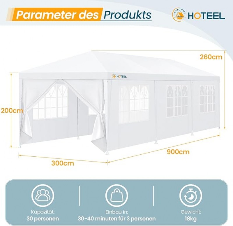 Pavillon 3 x 9 m Partyzelt Pavillon wasserdicht winterfest 8 abnehmbaren Wänden Gartenpavillon – 3