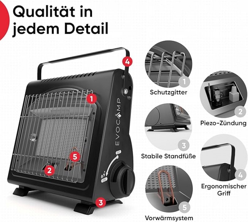 Tragbarer Gasheizer Heizgerät Zeltheizer Campingheizer 1,7 kW multifunktionaler Keramikheizer – Thumbnail 6