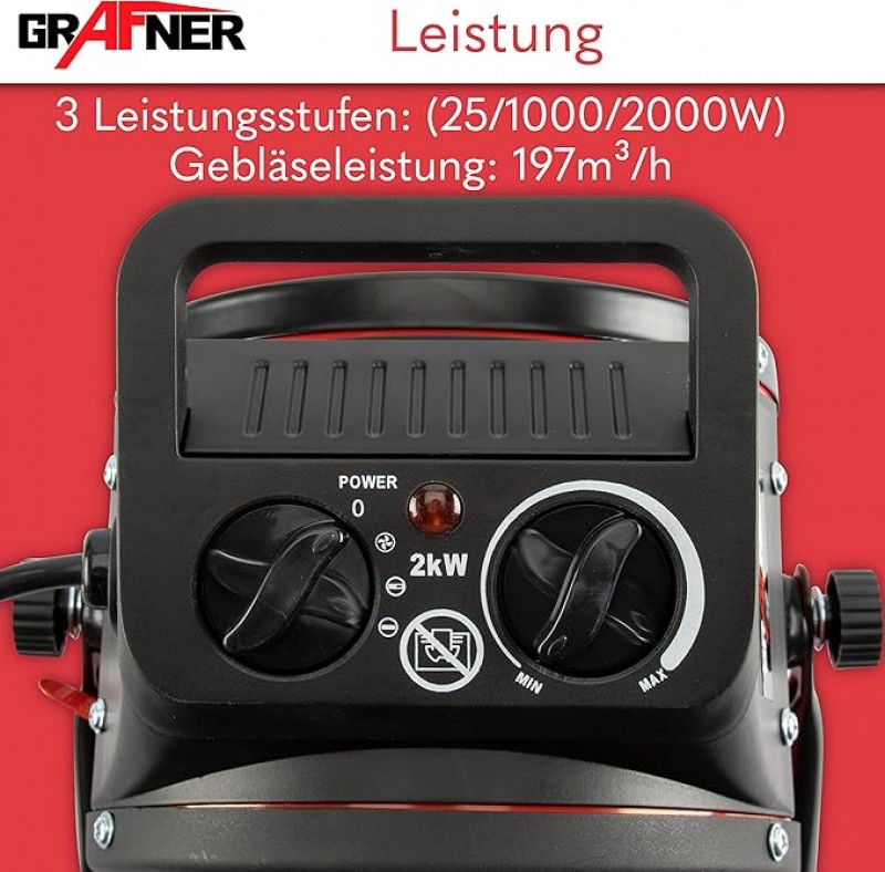 Stromheizung Elektroheizung Elektroheizer Zeltheizung Heizlüfter mit 2000 Watt 2 KW 3 Heizstufen – 4