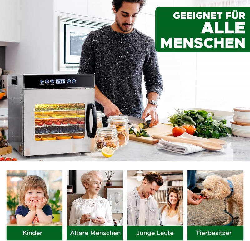 Dörrgerät trocknen entsaften von Obst Früchten Gemüse u.a. Edelstahl 500 Watt 10 Stufen mit 30-90°C – Thumbnail 6