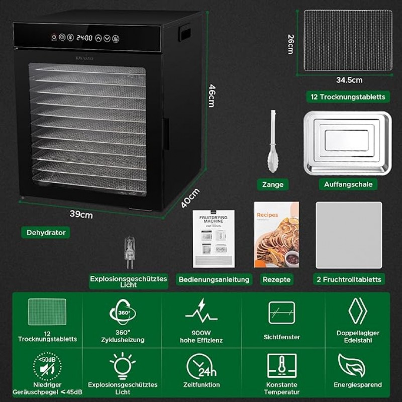 Dörrautomat 1000 Watt aus Edelstahl 12 Stufen schwarz 30-90°C Temperaturregelung 24-Stunden-Timer – 2