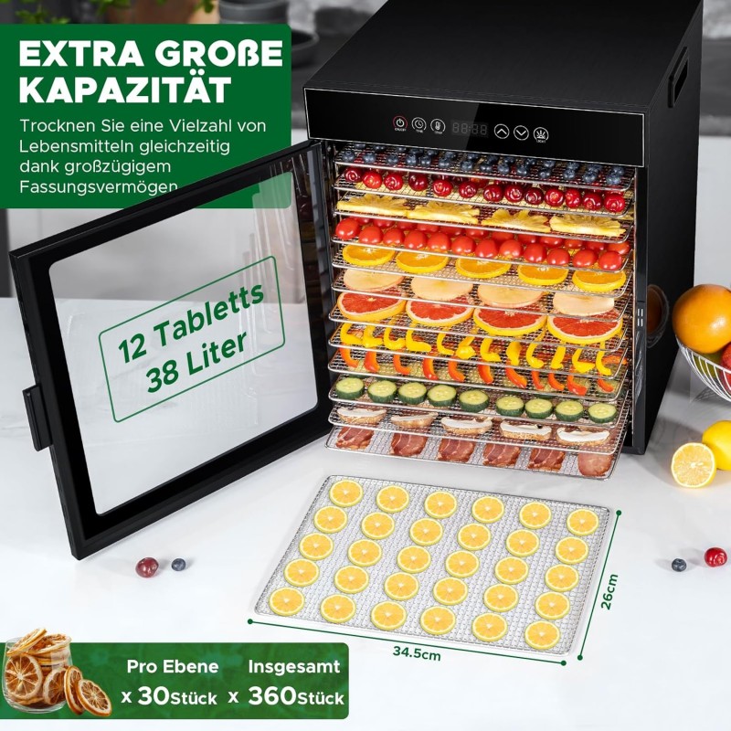 Dörrautomat 1000 Watt aus Edelstahl 12 Stufen schwarz 30-90°C Temperaturregelung 24-Stunden-Timer – 5