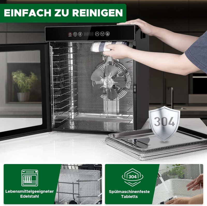 Dörrautomat 1000 Watt aus Edelstahl 12 Stufen schwarz 30-90°C Temperaturregelung 24-Stunden-Timer – Thumbnail 6