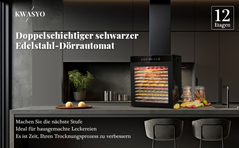 Dörrautomat 1000 Watt aus Edelstahl 12 Stufen schwarz 30-90°C Temperaturregelung 24-Stunden-Timer – Thumbnail 7
