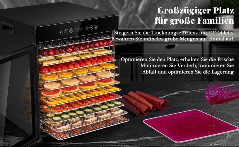 Dörrautomat 1000 Watt aus Edelstahl 12 Stufen schwarz 30-90°C Temperaturregelung 24-Stunden-Timer – Thumbnail 8