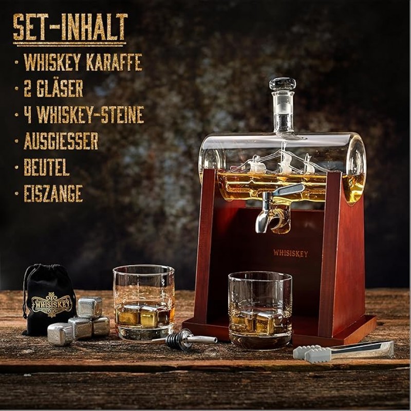 WHISKEY Karaffen-Set Whisky Schiffskaraffe 1100 ml 2 Whiskygläser 4 Whiskysteine edel servieren